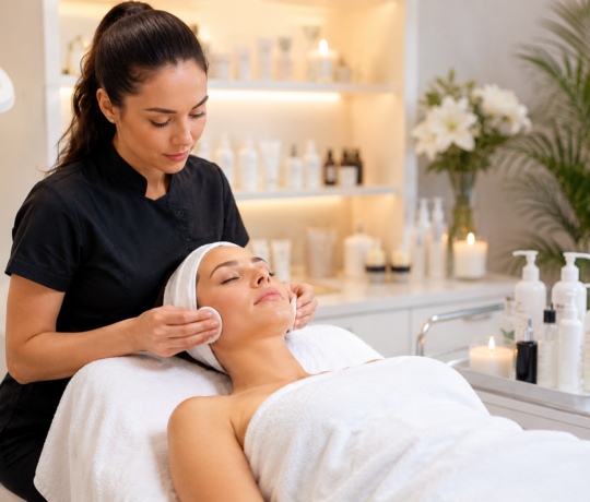 Esthéticienne réalisant un soin du visage sur une cliente dans un institut de beauté professionnel, avec matériel esthétique et ambiance spa haut de gamme.