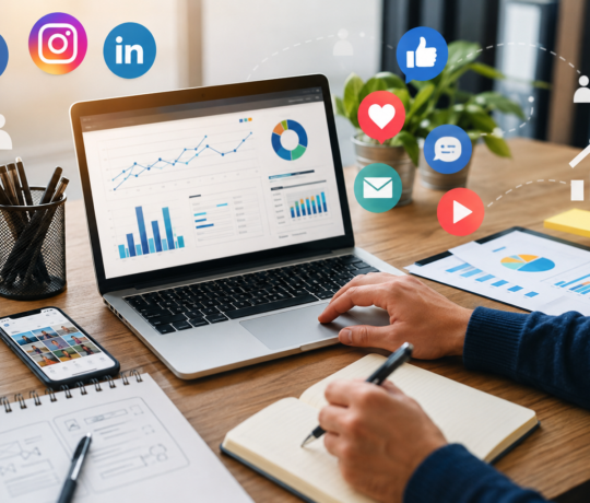 Dirigeant de PME utilisant un ordinateur pour gérer sa communication digitale, créer du contenu pour les réseaux sociaux et analyser les performances de ses actions marketing à l’aide de tableaux de bord numériques.
