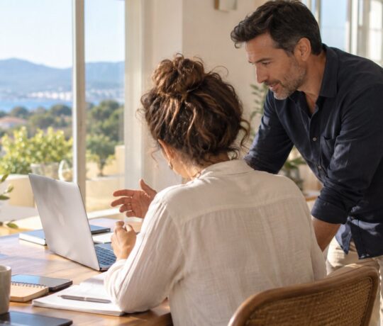Cours d'anglais individuel : une salariée prépare une visioconférence avec son formateur