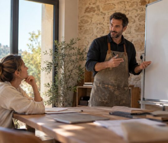 Cours d'anglais individuel : un artisan présente son entreprise devant un tableau blanc, la formatrice l'écoute