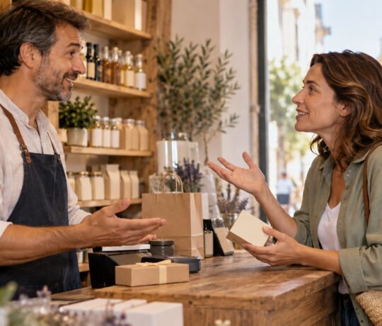Cours d'anglais individuel : un vendeur s'entraîne à répondre à une cliente derrière son comptoir