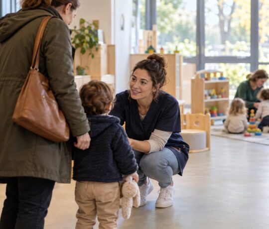 Professionnelle de la petite enfance accroupie à hauteur d'un jeune enfant qui arrive avec son parent, lors de l'accueil du matin en crèche