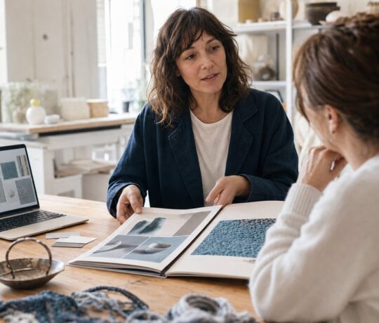 Une artisane en reconversion présente son portfolio imprimé à une interlocutrice dans un atelier lumineux, ordinateur et réalisations sur la table