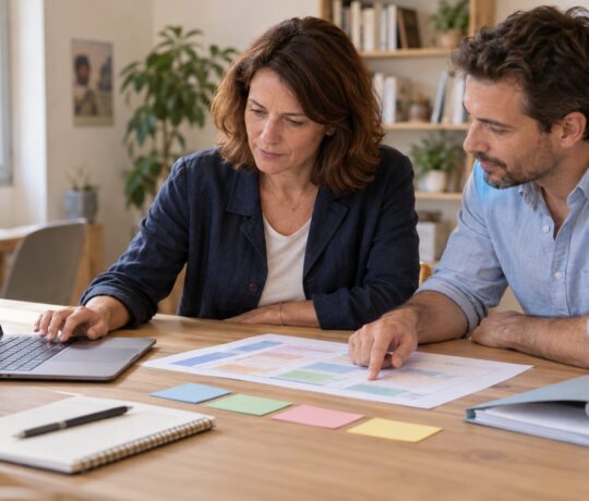 Une formatrice et un formateur préparent un déroulé pédagogique sur ordinateur portable et sur papier, autour d'une table de travail