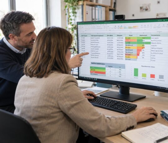 Un formateur montre à une salariée administrative un tableau Excel de suivi des échéances, avec statuts en couleur et synthèse hebdomadaire