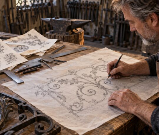 Ferronnier d'art dessinant au crayon le croquis d'une grille à volutes et feuilles d'acanthe sur un établi d'atelier