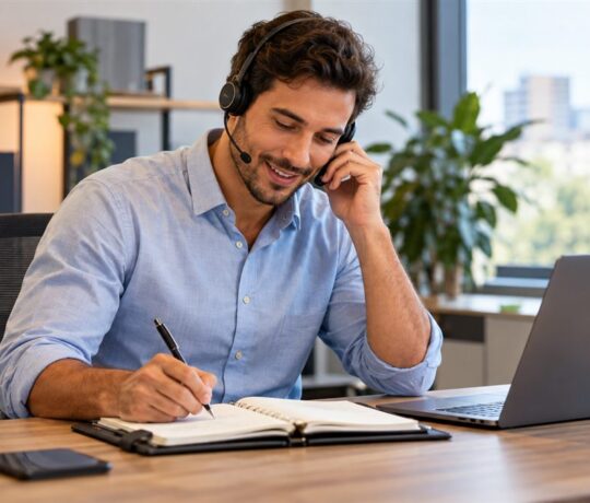 Professionnel au téléphone avec un casque, prenant un rendez-vous dans son agenda