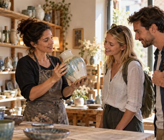 Artisane céramiste présentant un vase à deux clients dans sa boutique