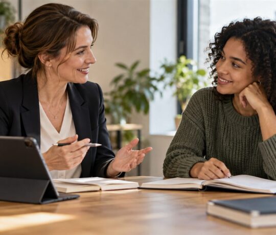 Deux collègues échangeant autour d'une table de travail