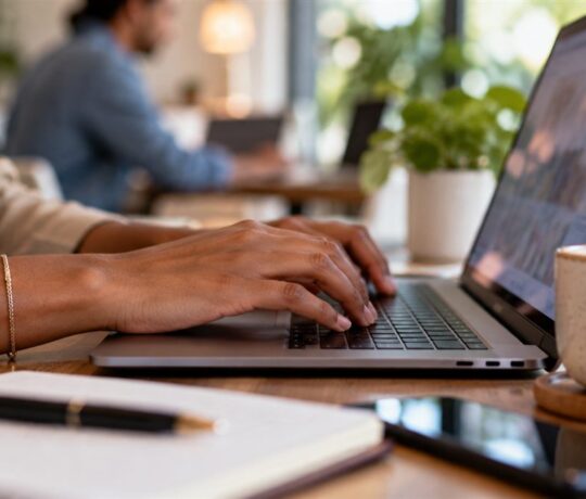 Mains tapant un e-mail sur un ordinateur portable