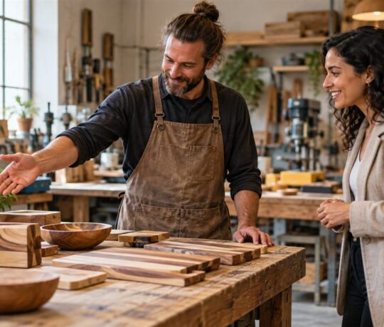 Artisan ébéniste présentant son atelier à une visiteuse