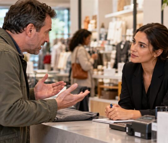 Conseillère écoutant la réclamation d'un client au comptoir