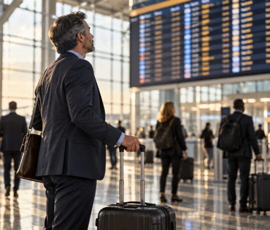 Homme d'affaires avec sa valise dans le hall d'un aéroport