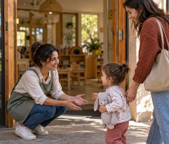 Animatrice accueillant une mère et sa petite fille à l'entrée d'une structure petite enfance