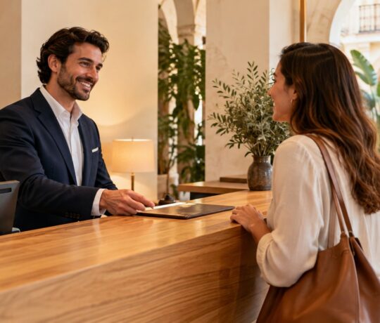 Réceptionniste accueillant une cliente à un comptoir d'accueil lumineux