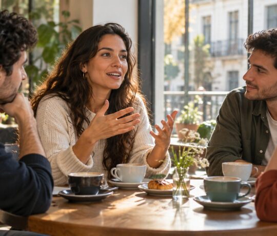 Femme prenant la parole avec assurance lors d'un échange informel autour d'un café