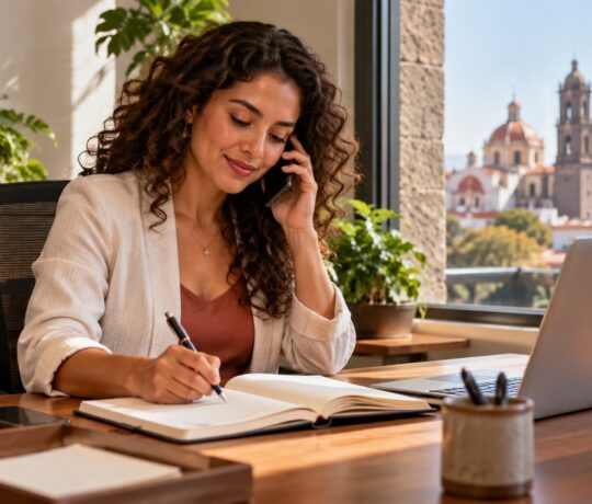 Assistante au téléphone notant un rendez-vous dans son agenda