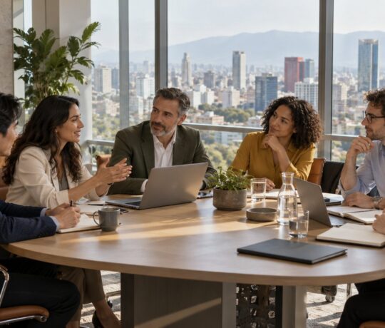 Réunion d'équipe internationale autour d'une table, vue sur la ville