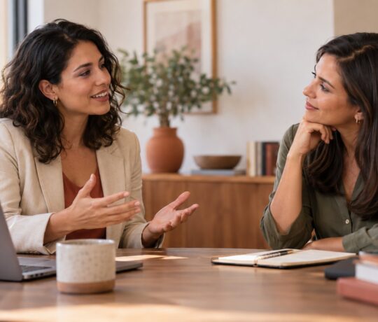 Deux collègues en conversation attentive : l'une explique, l'autre écoute