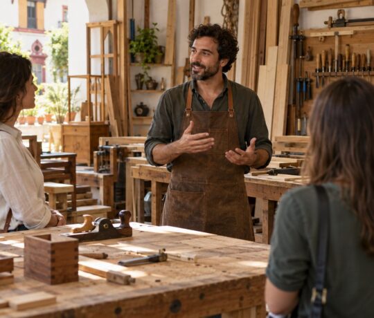 Artisan présentant son atelier à un petit groupe de visiteurs