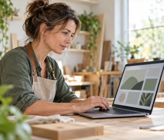 Artisane travaillant sur la page sobre et lisible de son site internet, sur un ordinateur portable posé sur son établi